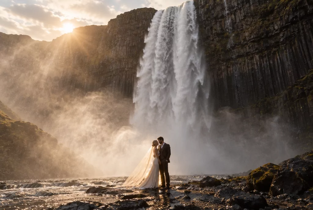Brautpaar steht winzig am Fuß eines gewaltigen isländischen Wasserfalls, Gegenlicht und Gischt über schwarzem Basalt