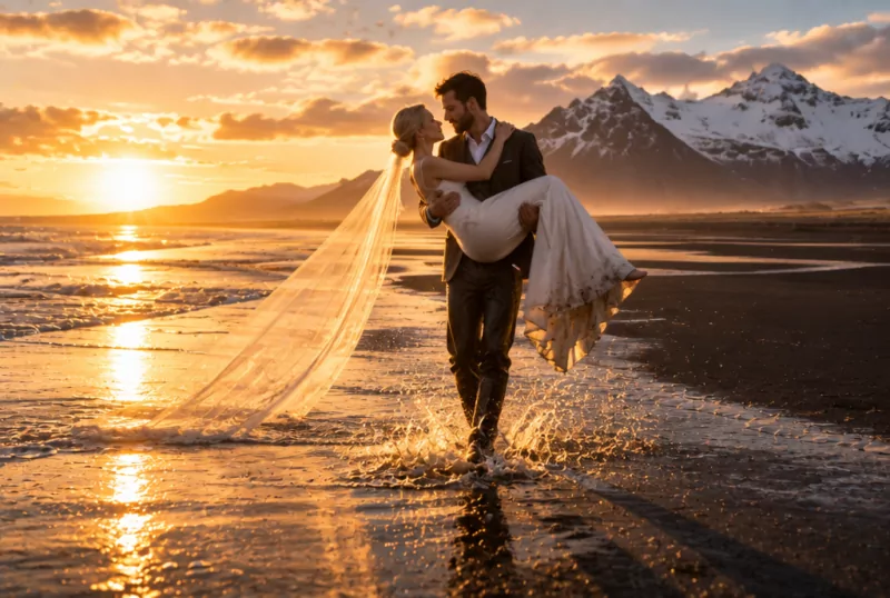 Bräutigam trägt seine Braut durch das flache Wasser eines schwarzen Sandstrands in Island, Abendsonne und schneebedeckte Berge im Hintergrund